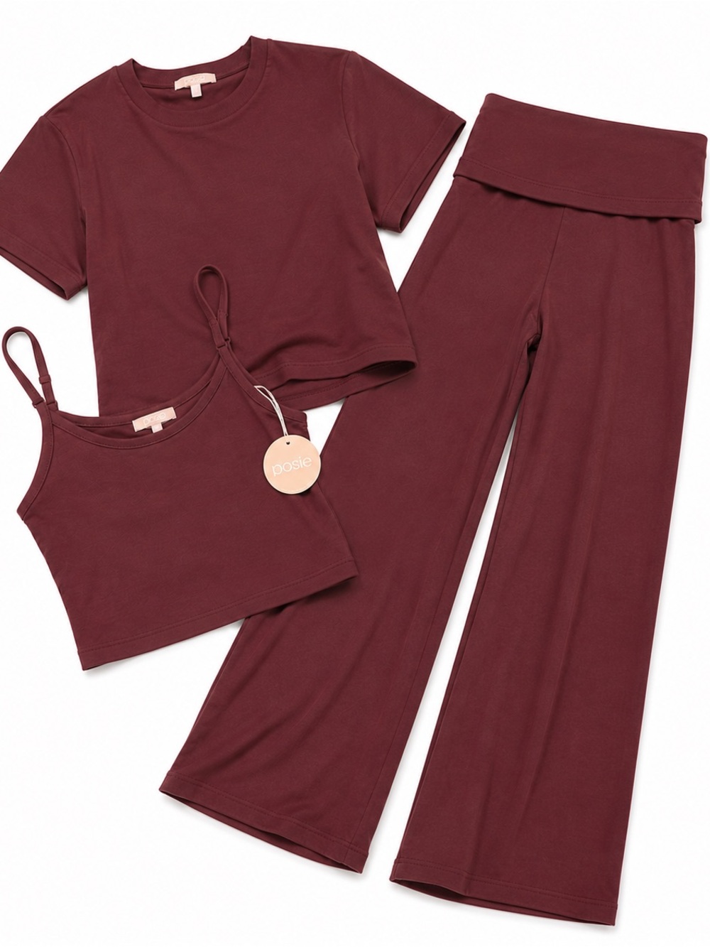 Posie Active 3 Piece Foldover Yoga Pants, Tank Top, and Tee Set Burgundy XS NWT